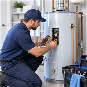 A professional diagnosing a residential water heater